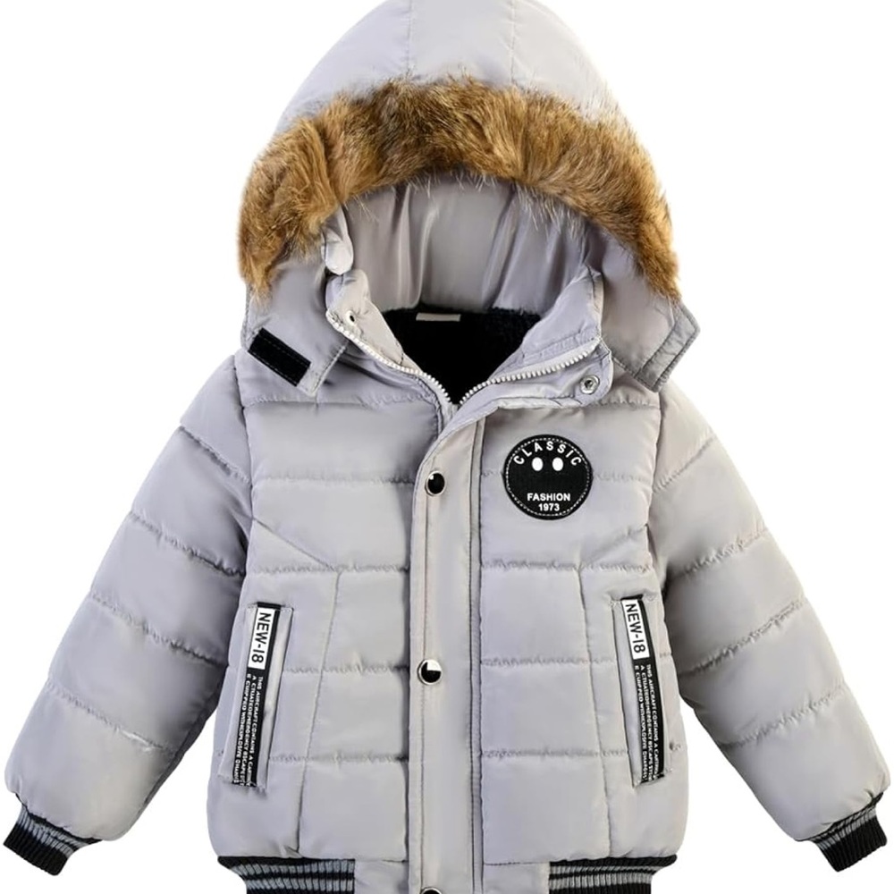 Stylish Toddler Boys Girls Down Warm Grey Down Jacket Fur Collar Hood